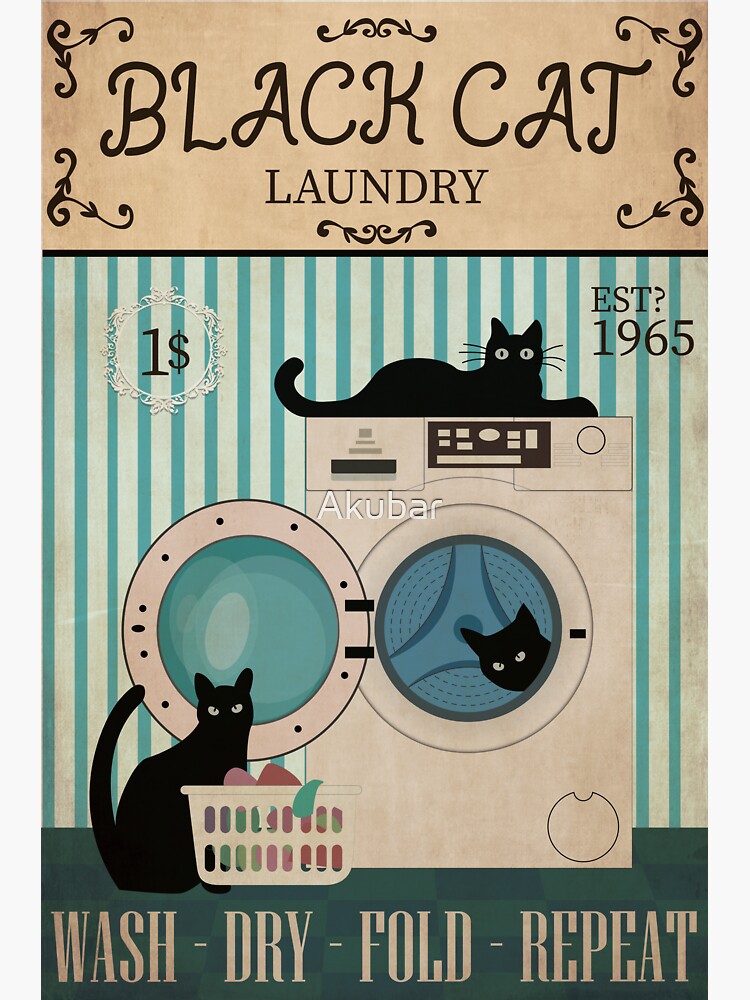 Black Cat Laundry Wash Dry Fold Repeat Sticker For Sale By Akubar