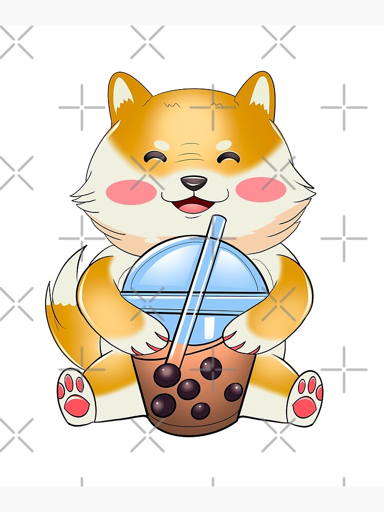 Shiba Inu Drinking Bubble Tea Funny Japanese Sticker Poster For Sale