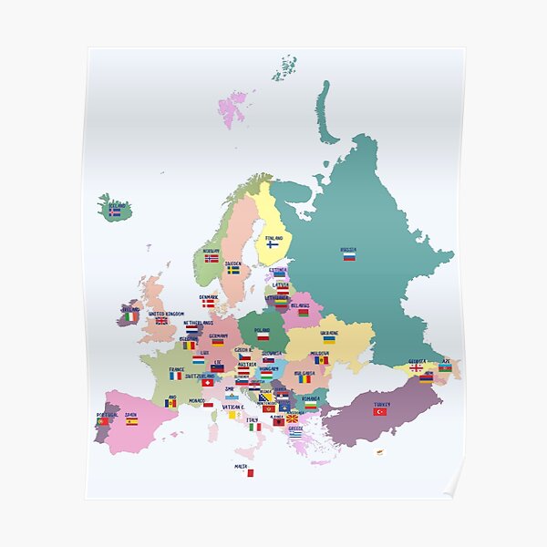 Póster Colorido mapa de Europa con banderas nacionales nombres de