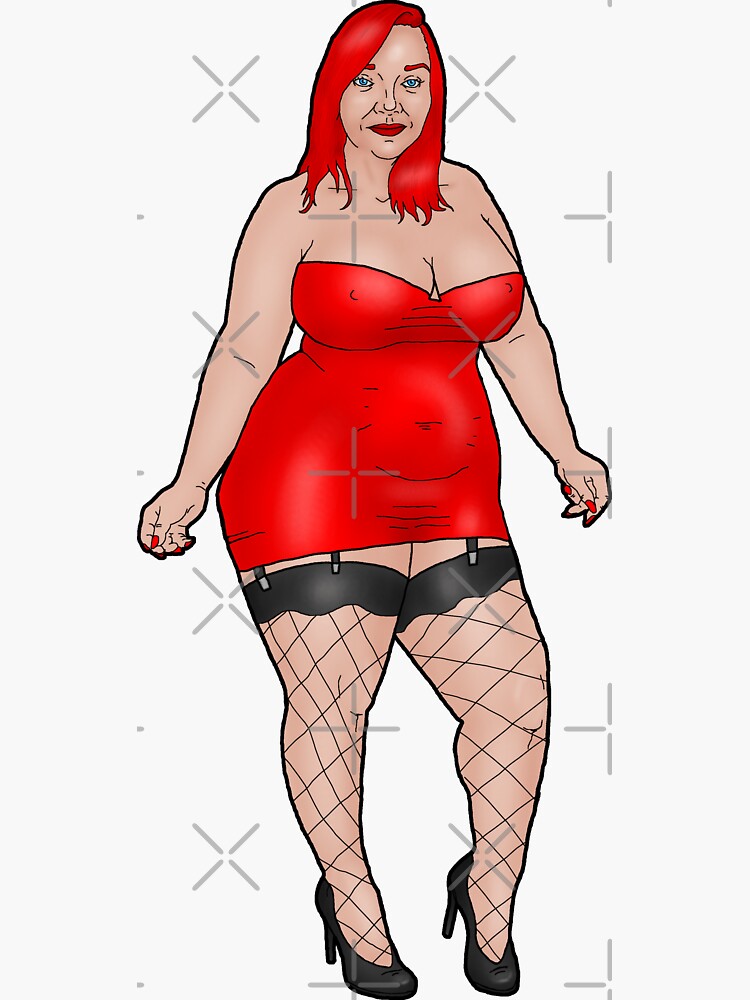 Pin Up Red Haired BBW In A Red Dress Sticker For Sale By