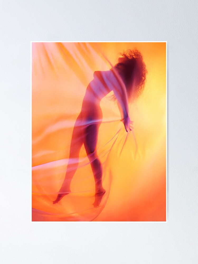 Beautiful Nude Woman Silhouette Floating Behind Sheer Surreal Glowing