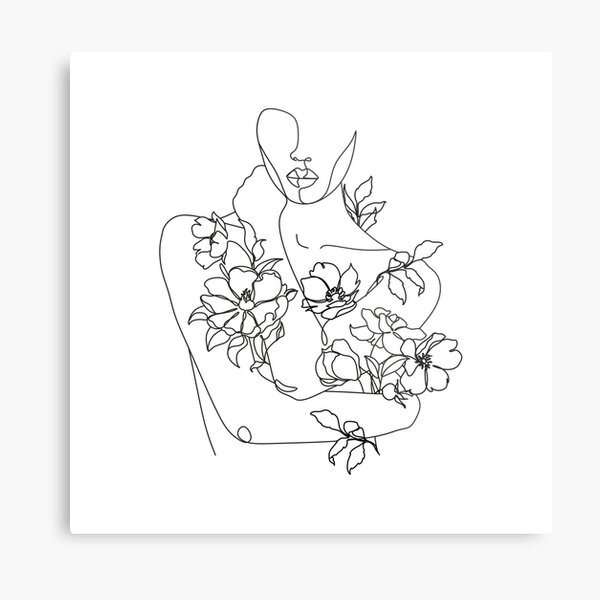 Self Love Woman Hugs Herself Flowers Grow Out Line Art Print Woman With Flowers Nude Line