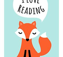 I love reading, cute cartoon fox on blue background by MheaDesign