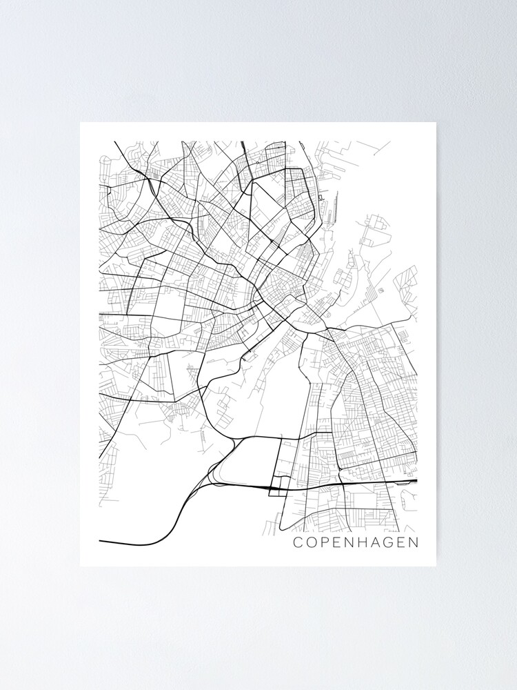 Póster Mapa de Copenhague Dinamarca Blanco y negro de