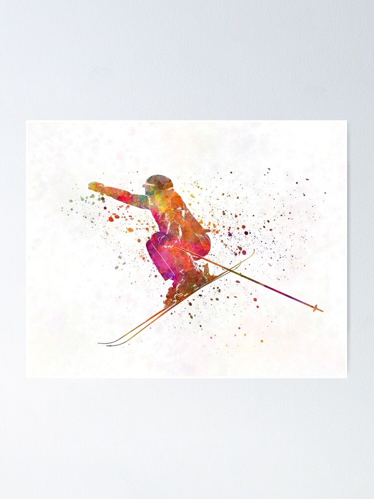 Woman Skier Skiing Jumping 03 In Watercolor Poster By Paulrommer