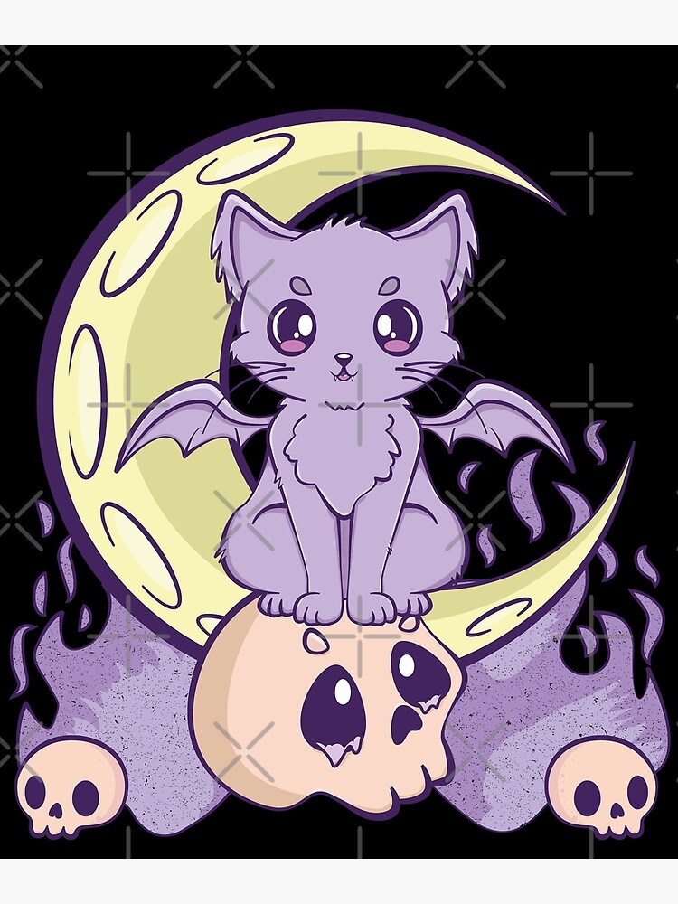 Kawaii Pastel Goth Cute Creepy Witchy Cat And Skull Anime Nu Poster