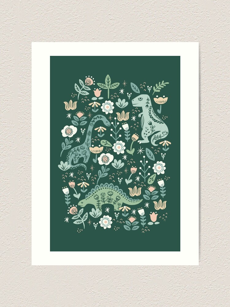 Folk Floral Dinosaur Art Print For Sale By Latheandquill Redbubble