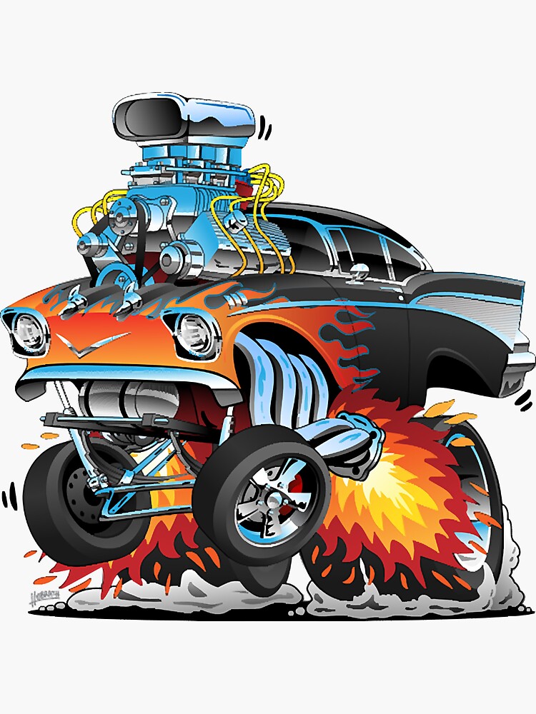 Classic Hot Rod Fifties Style Gasser Drag Racing Muscle Car Red Hot Flames Big Engine Lots