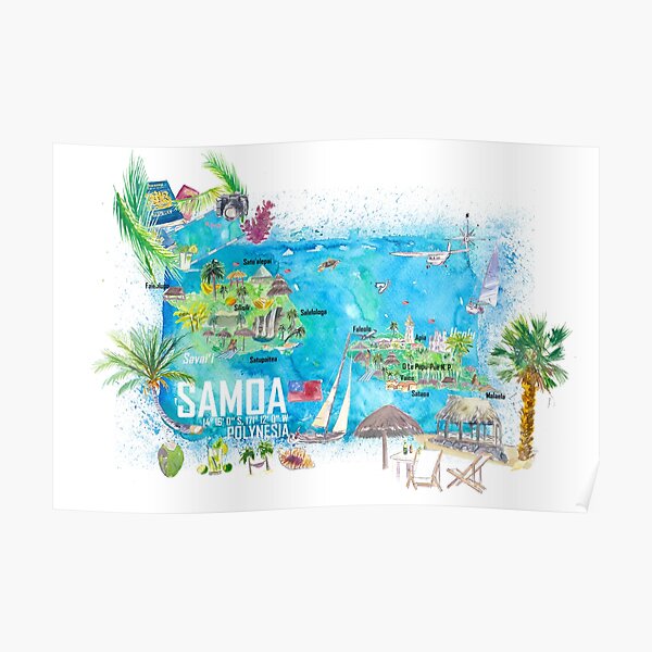 Samoa Illustrated Island Travel Map With Roads And Highlights Poster