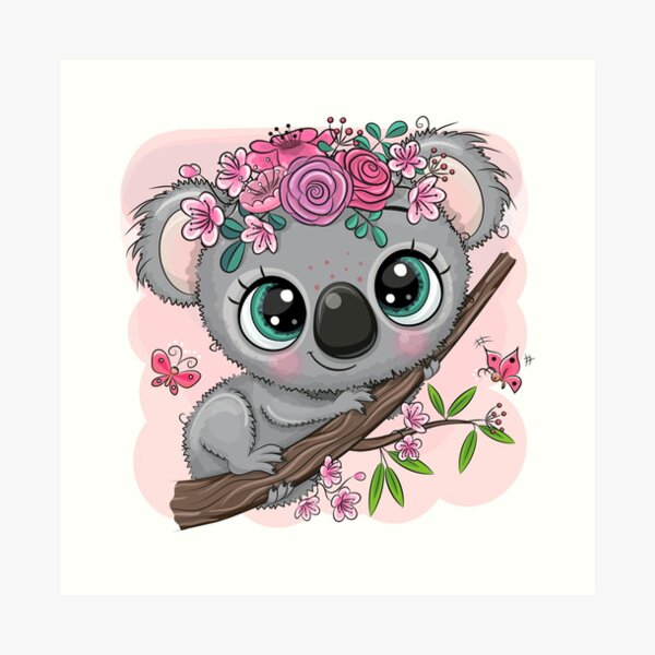 Lámina artística Koala de dibujos animados lindo con flores en un