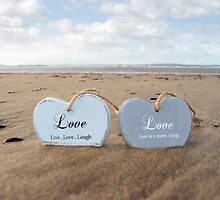 couple of inscribed wooden love hearts in the sand by morrbyte