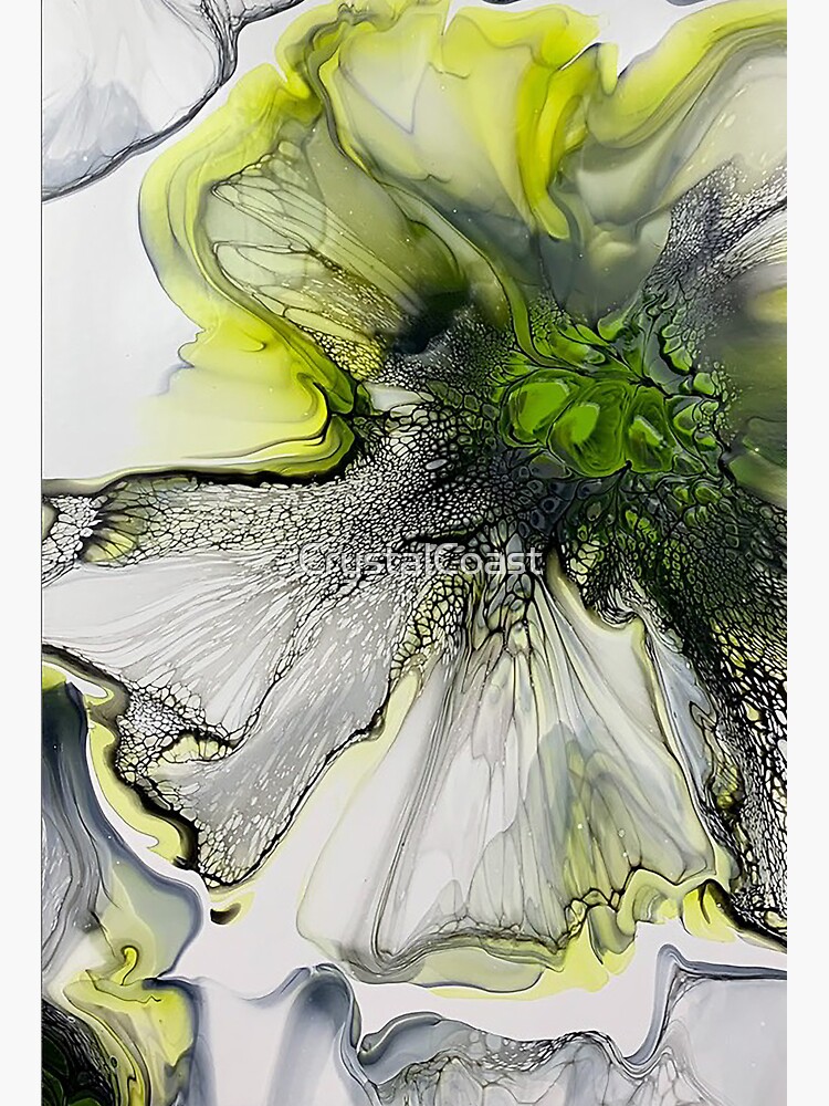 Beautiful Lime Green And Grey Abstract Fluid Art Acrylic Pour Painting