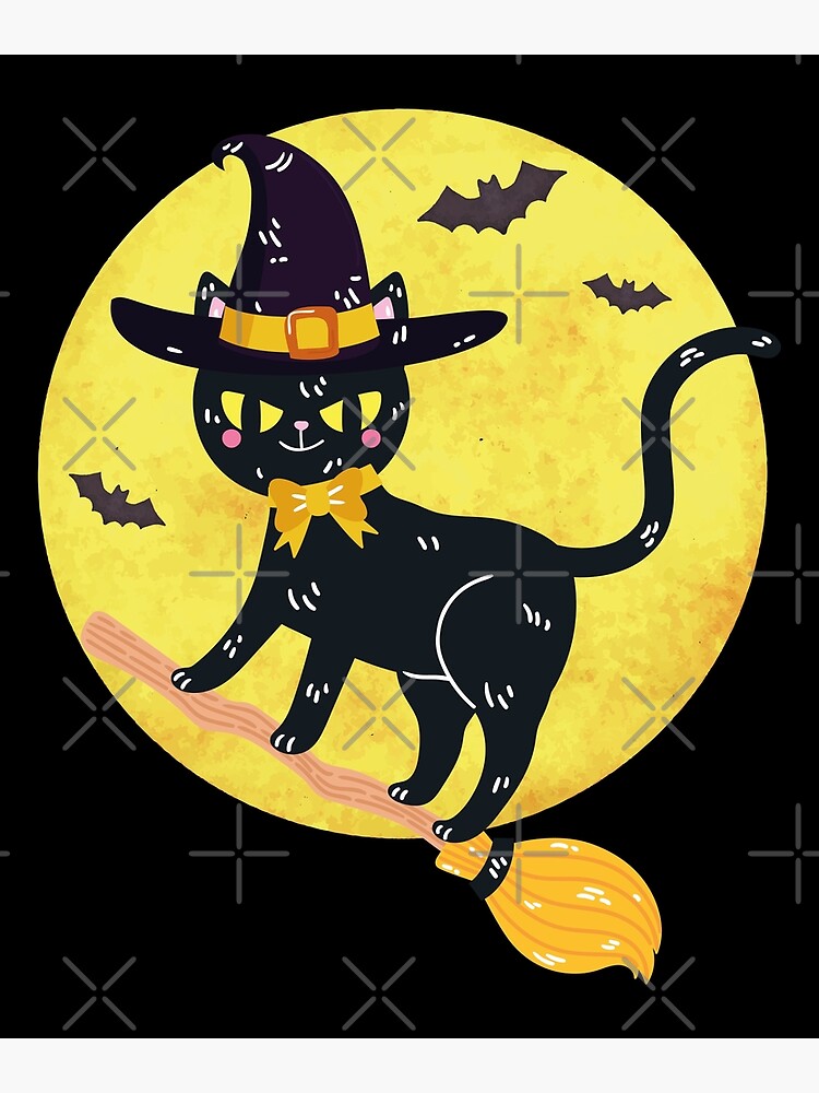 Vintage Scary Halloween Black Cat Costume Witch Hat Moon Poster By