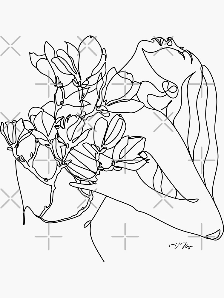 Pegatina Mujer de arte lineal con flores de magnolia Del arte del corazón de las flores