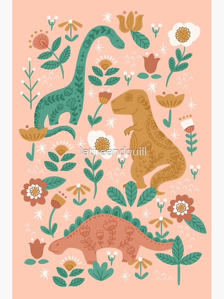 Folk Floral Dinosaurs In Pink Poster For Sale By Latheandquill