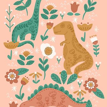 Folk Floral Dinosaurs In Pink Poster For Sale By Latheandquill