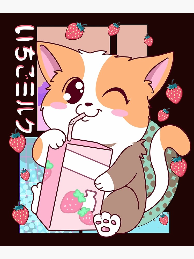 Kawaii Neko Anime Funny Cat Strawberry Milk Poster For Sale By