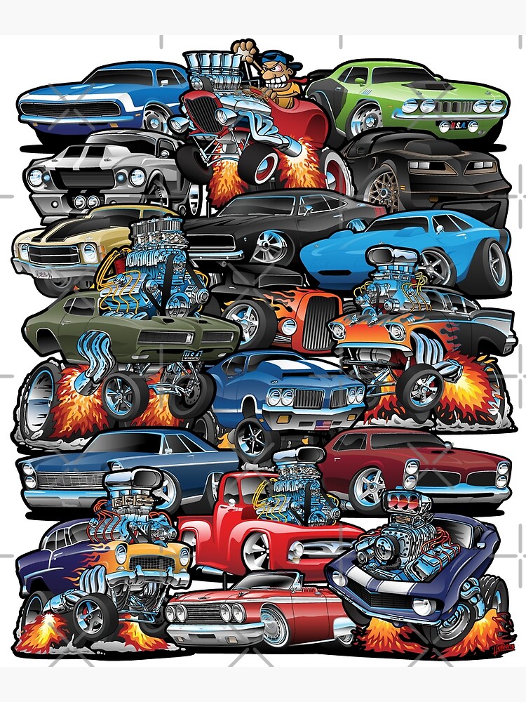 Car Madness Muscle Cars Classic Cars And Hot Rods Cartoon Poster By Hobrath Redbubble