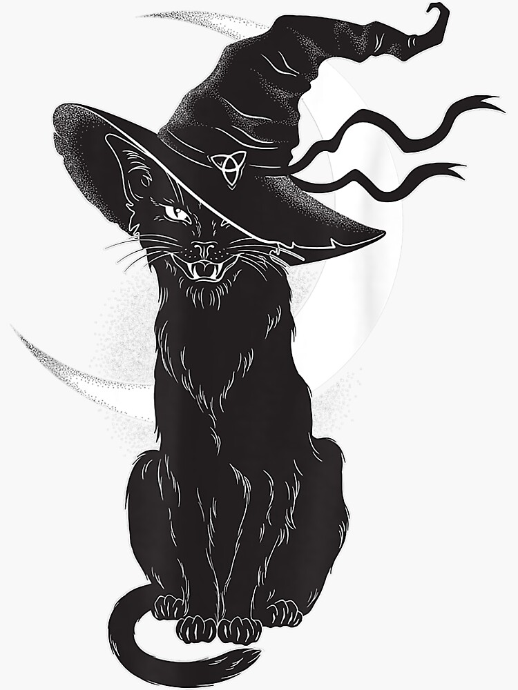 Vintage Scary Halloween Black Cat Costume Witch Hat Moon Sticker