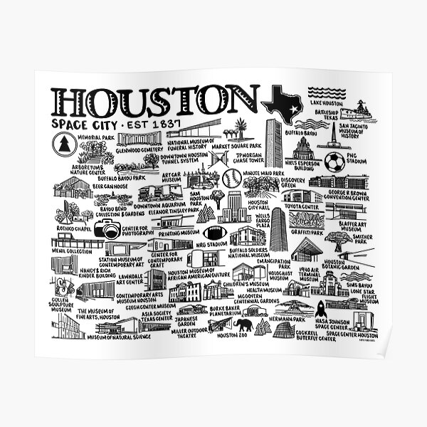 Houston Texas Map Poster By Fiberandgloss Redbubble