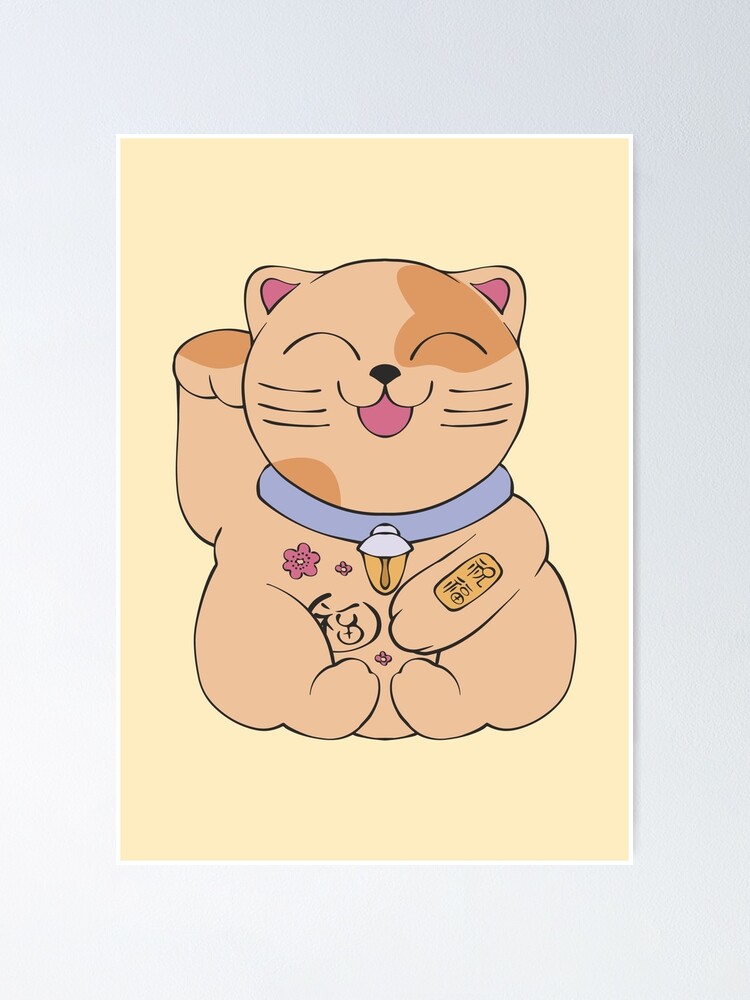 Kawaii Orange Maneki Neko Poster For Sale By Manekinekofans Redbubble