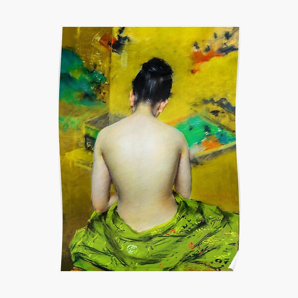 Poster Femme japonaise nue posant sensuellement avec un kimono Art japonais art érotique