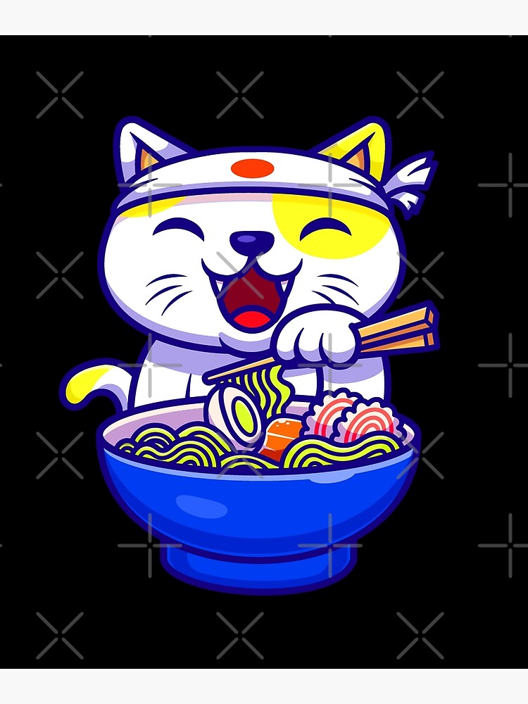 Lámina fotográfica Lindo gato comiendo ramen fideos dibujos animados