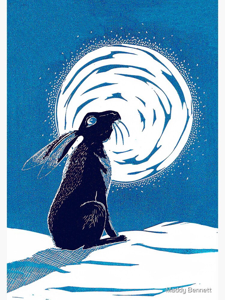 Moon Gazing Hare In Winter Linocut In Blues Sticker By