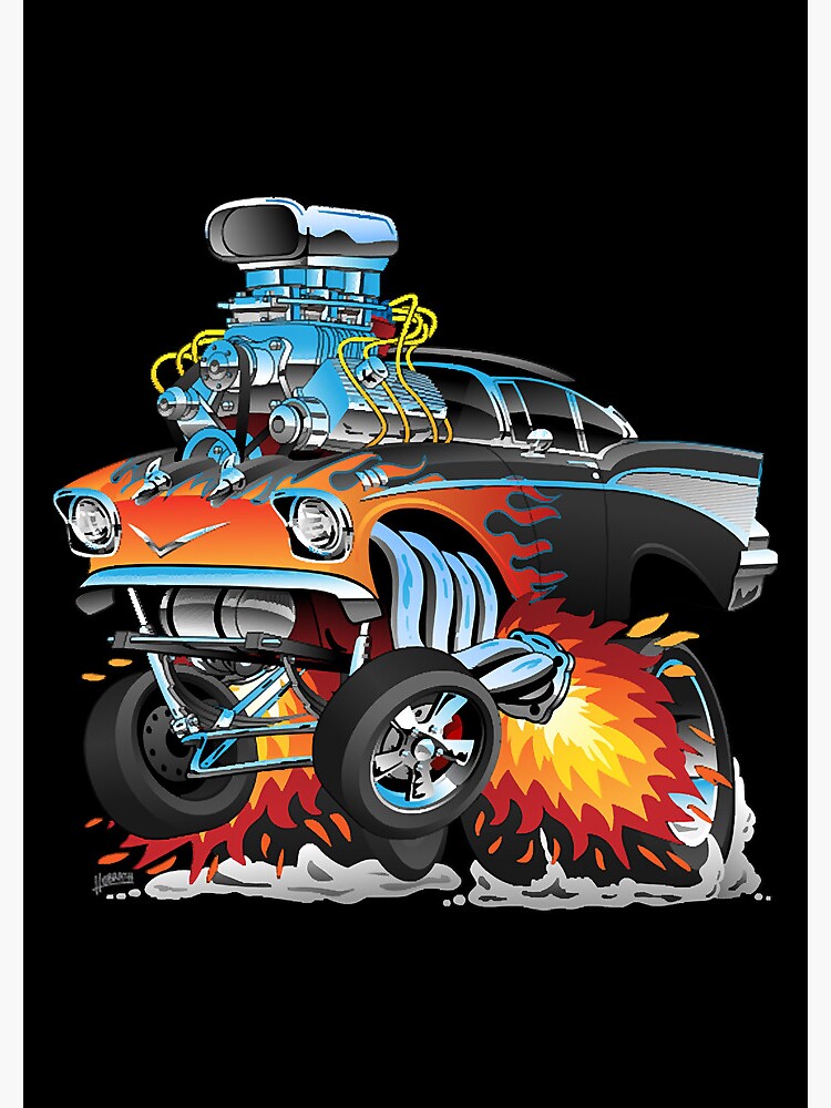 Classic Hot Rod Fifties Style Gasser Drag Racing Muscle Car Red Hot Flames Big Engine Lots