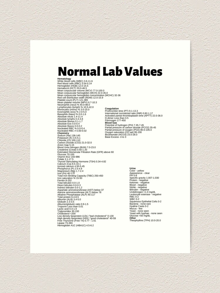 Normal Lab Values Ranges Chart Art Print For Sale By Caregiverology