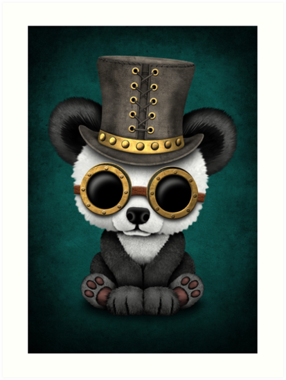 Steampunk Baby Panda Bear Cub Teal Blue Art Print By JeffBartels