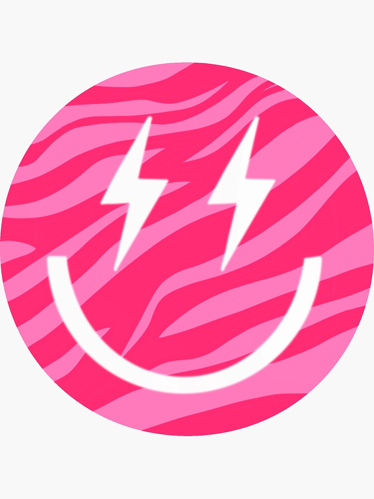 Pink Zebra Print Preppy Smiley Face W Lightning Bolts Sticker For