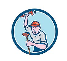 Plumber Holding Wrench Plunger Circle Cartoon by patrimonio