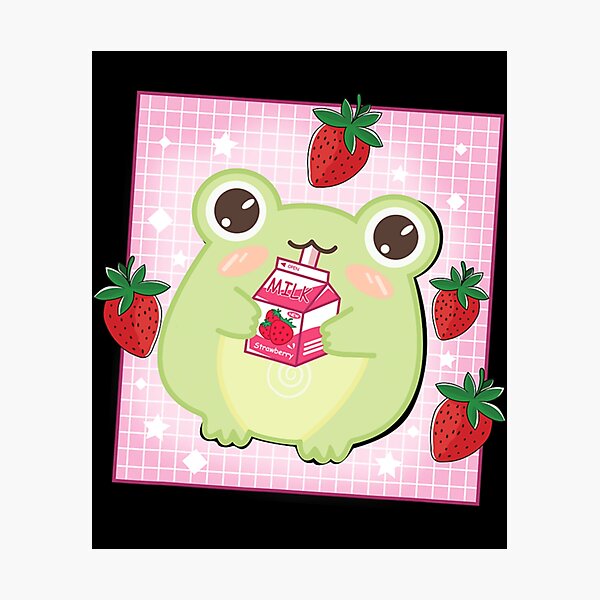 Lámina fotográfica Cute Cottagecore Frog Strawberry Retro 90s Kawaii