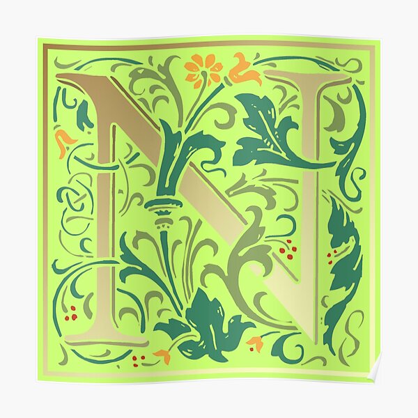 P Ster William Morris Letra May Scula Inicial Iluminada N En Verde