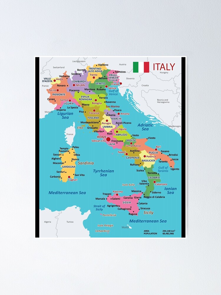 Italy Map With Regions And Main Cities Poster For Sale By