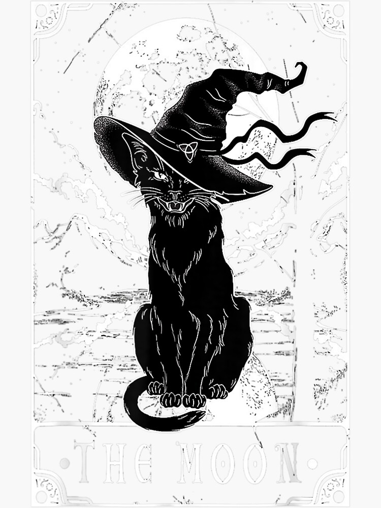 Tarot Card Crescent Moon And Black Cat Witch Hat Halloween Sticker