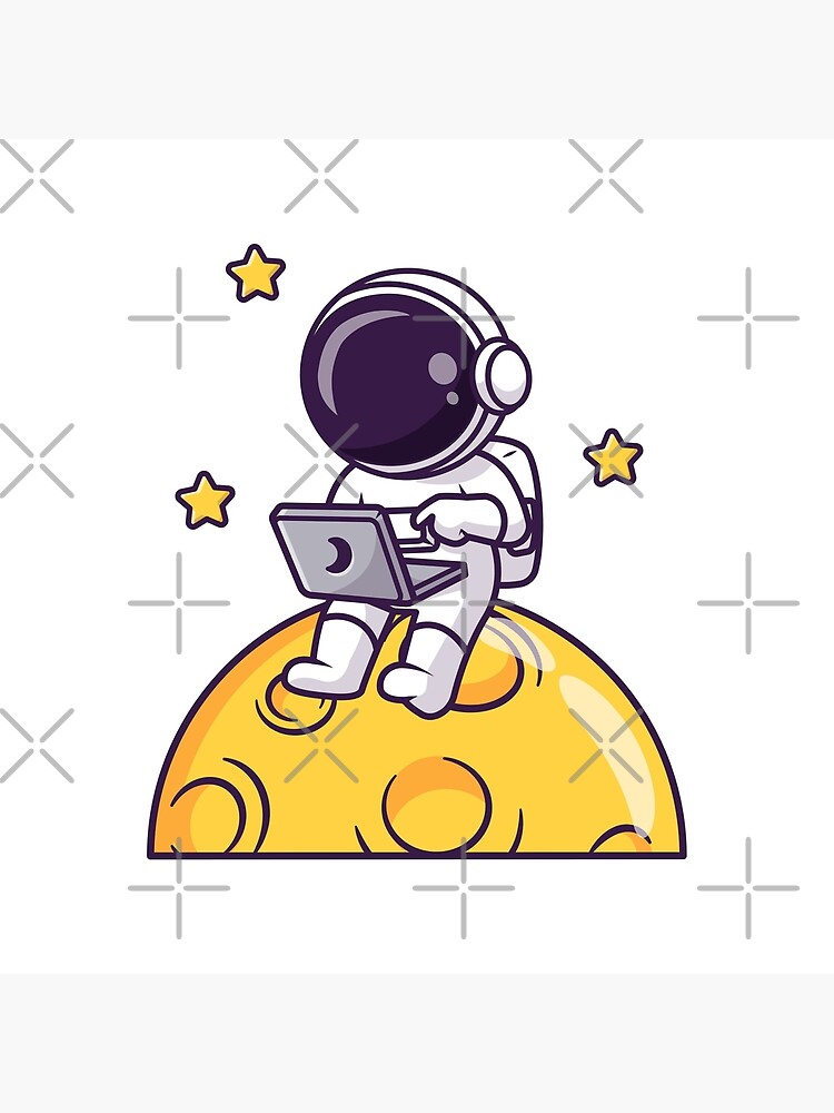 Cute Astronaut Working With Laptop On Moon With Star Cartoon Poster