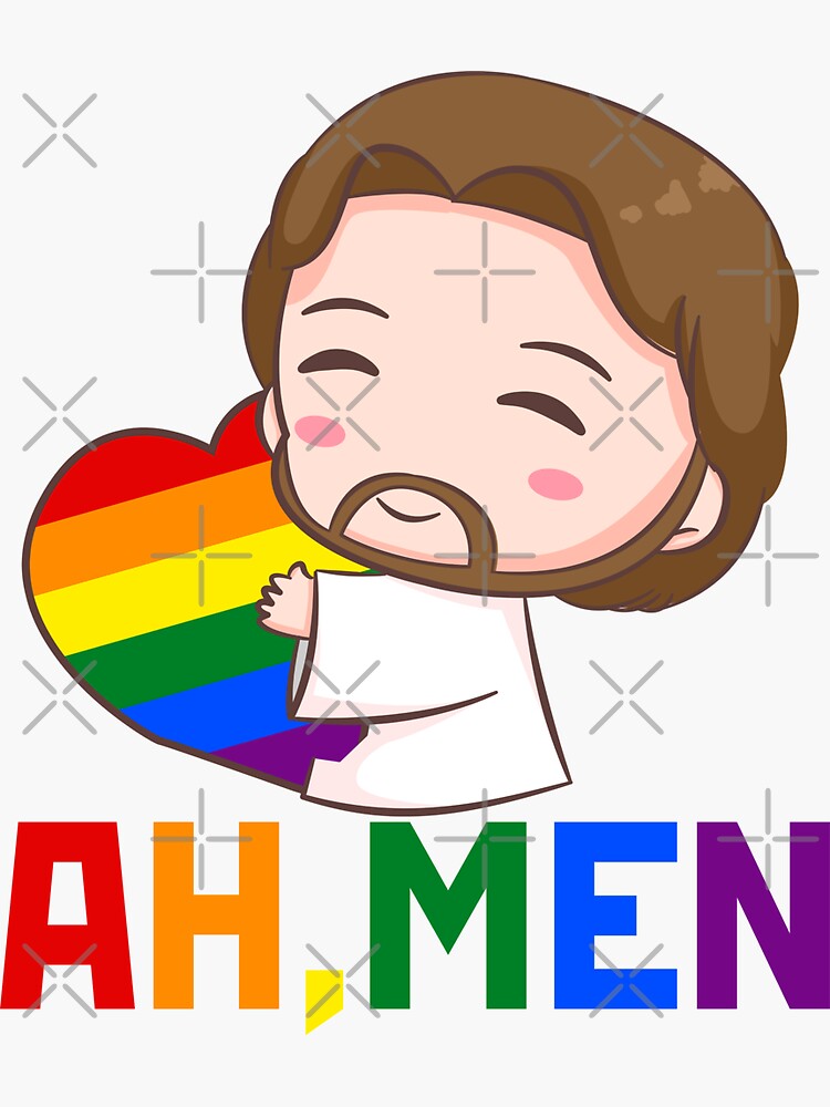 Ah Men Jesus Hugging LGBTQ Gay Pride Rainbow Heart Flag Sticker For