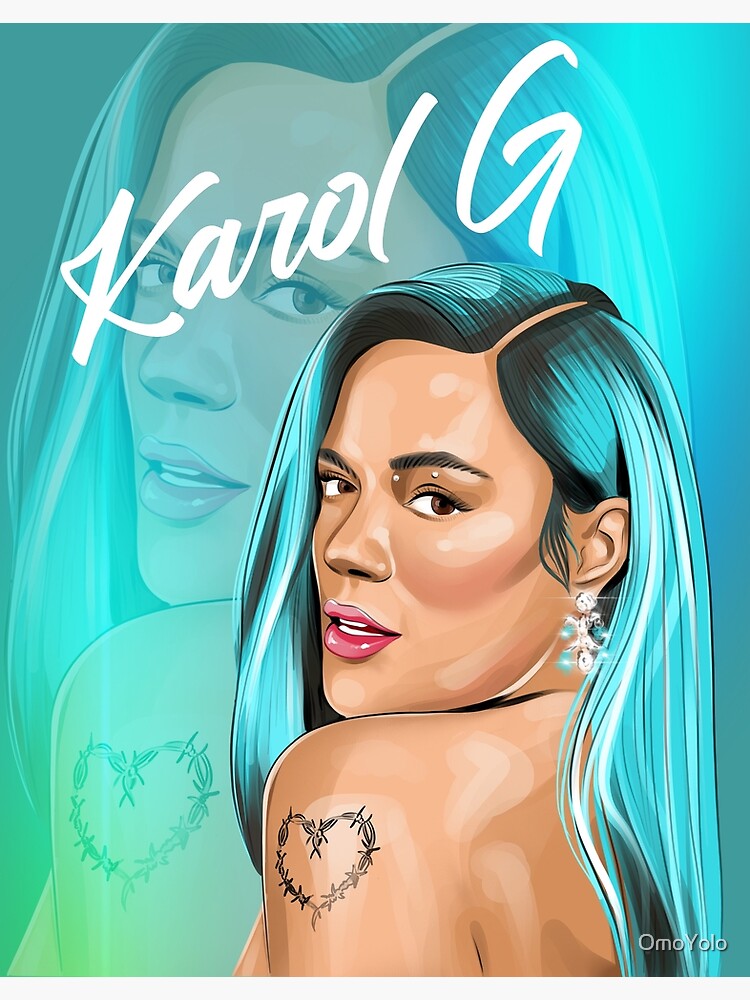 Póster Rectángulo Karol G con ilustración de cabello azul de OmoYolo