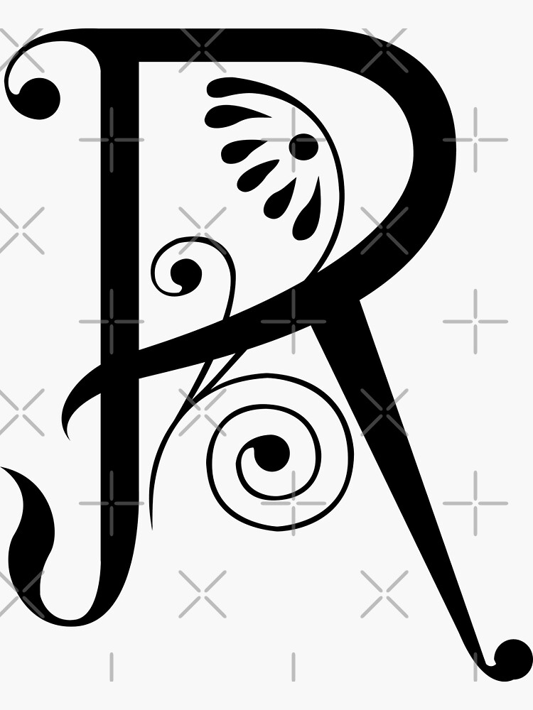 Letter R Monogram Alphabet Black Floral With Spiral Scroll Design