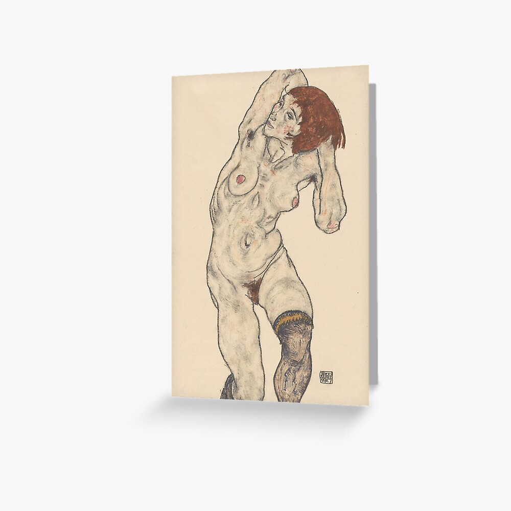 Egon Schiele Nude In Black Stockings Drawings Greeting Card