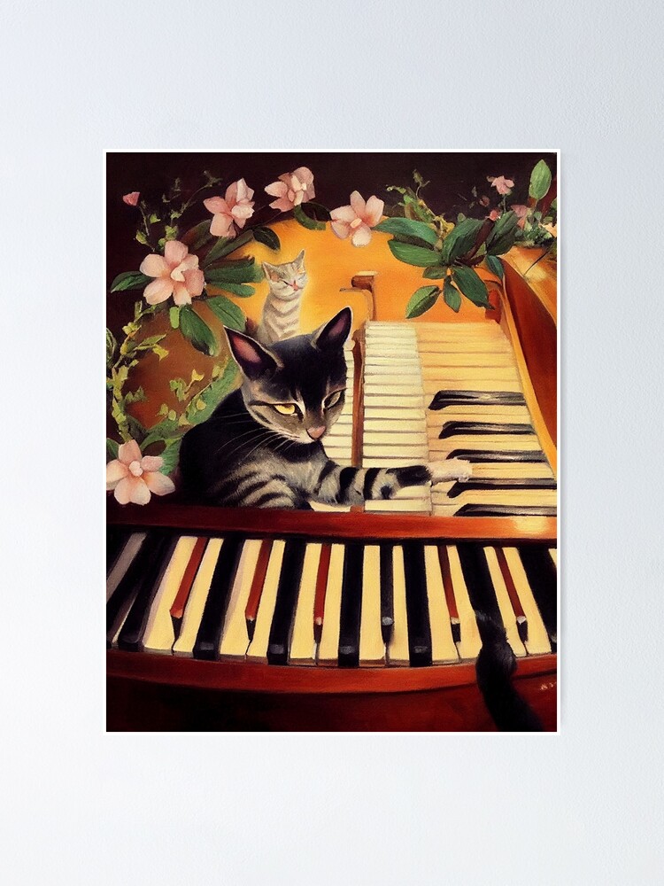 Póster Gato tocando el piano ilustración de dibujos animados lindo