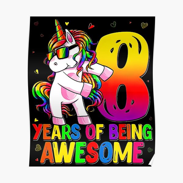 Póster 8 años de edad cumpleaños unicornio uso de hilo dental 8 º