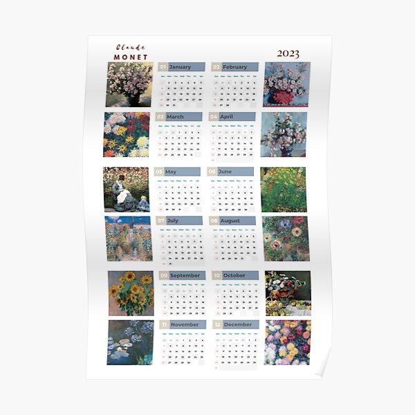 Monet Calendar One Page Wall Calendar Calendar Printable