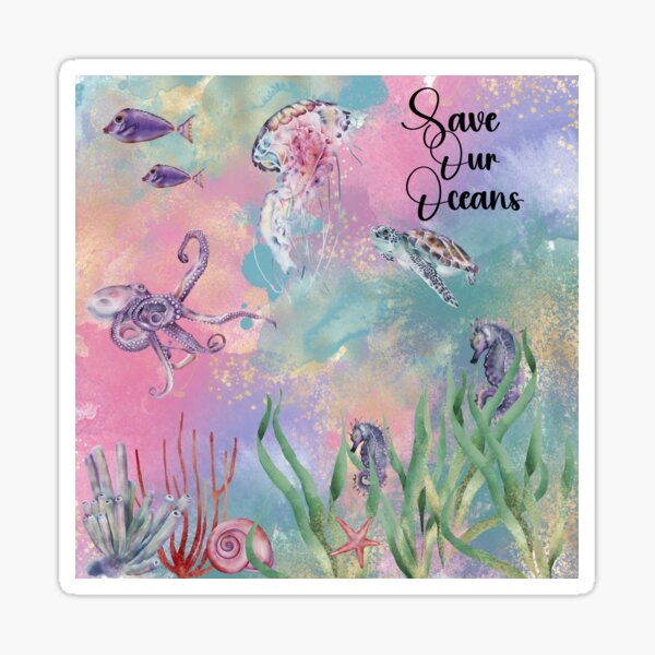 Beautiful Watercolor Underwater Scene Save Our Oceans Sticker For