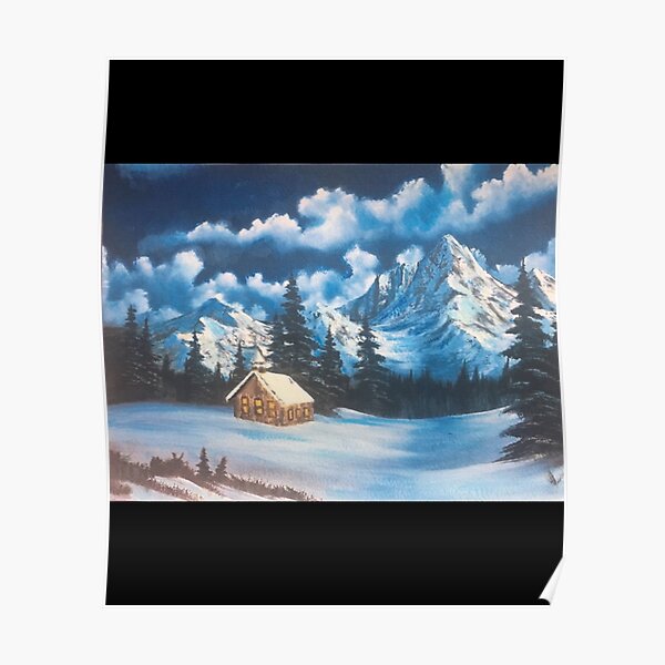 Bob Ross Style Inspired Snowy Mountain Oil Painting Poster For Sale