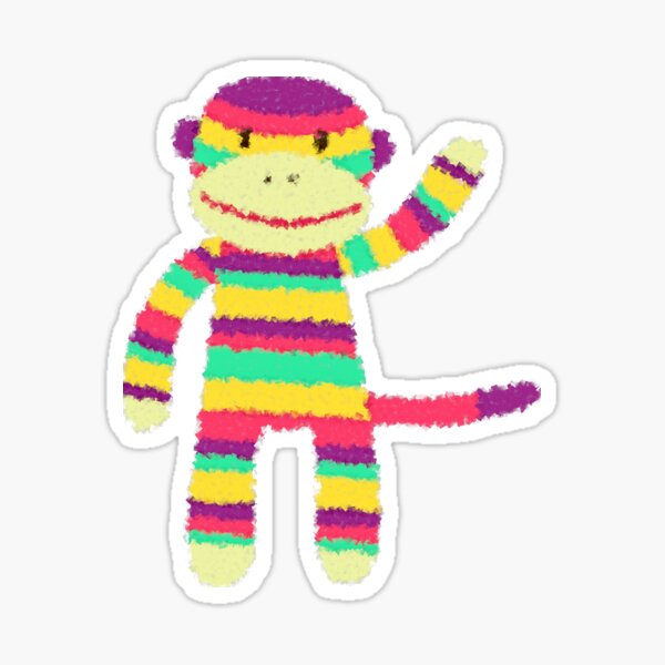 Raggedy Old Fluffy Rainbow Striped Sock Monkey Sticker For Sale By