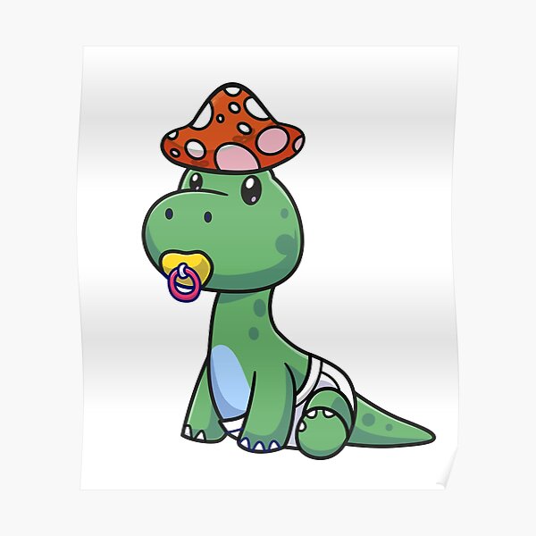 Cute Red And White Mushroom Hat Green Brontosaurus Dinosaur Poster