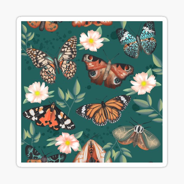 Butterflies And Moths In Garden Dark Green Sticker For Sale By